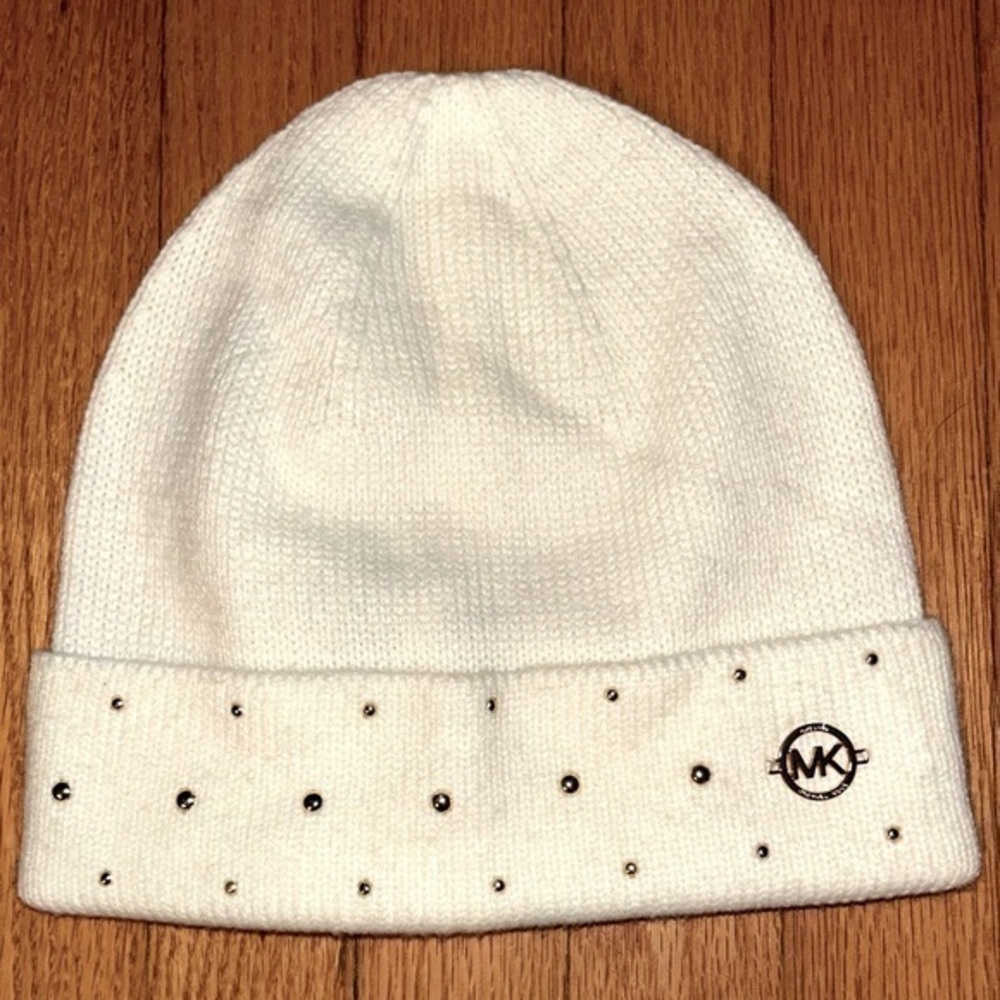 Michael Kors Cream Beanie Toboggan Gold Metal Logo & Stud Embellishment OS